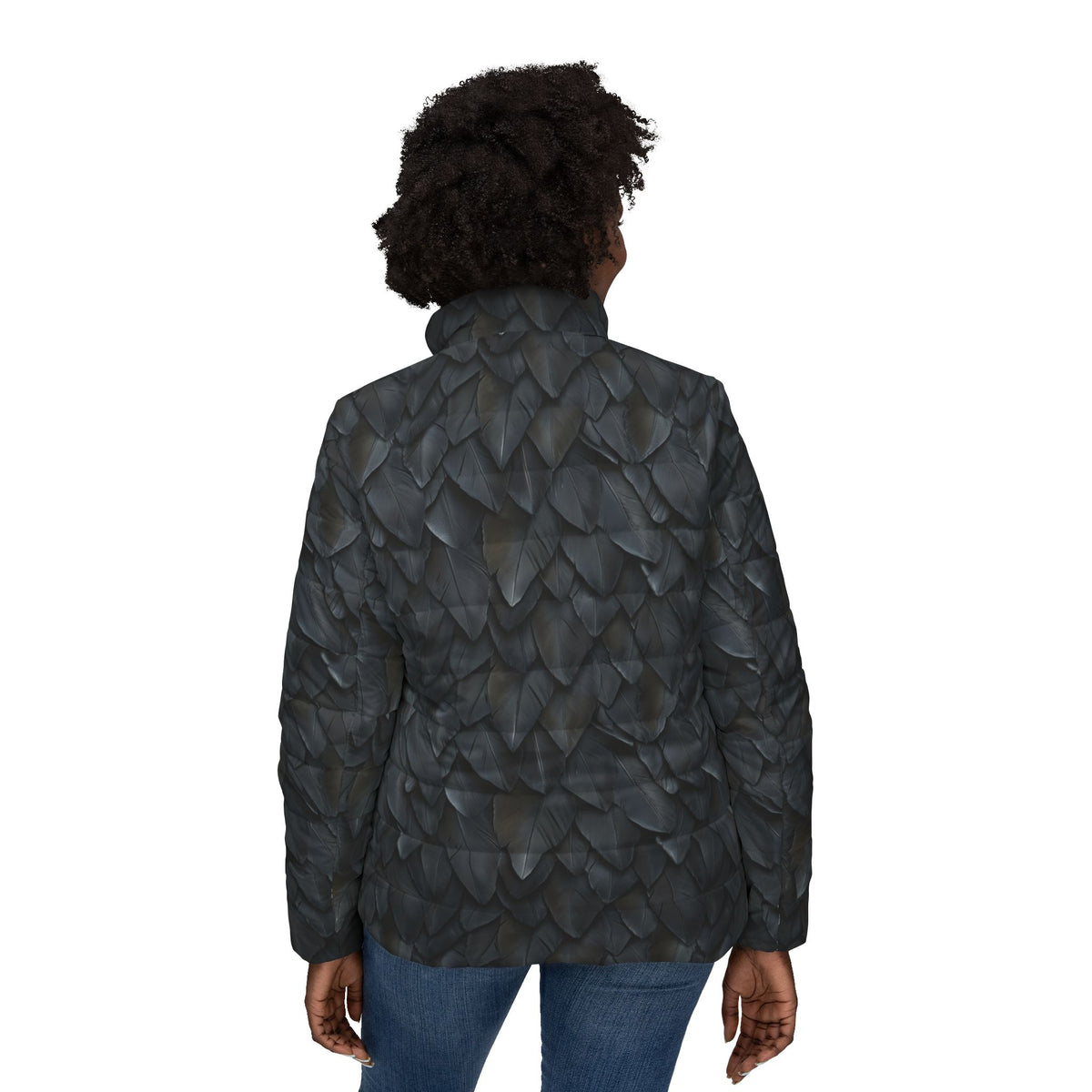 Feather-Scale Women’s Puffer Jacket — Dark Textured All-Over Print