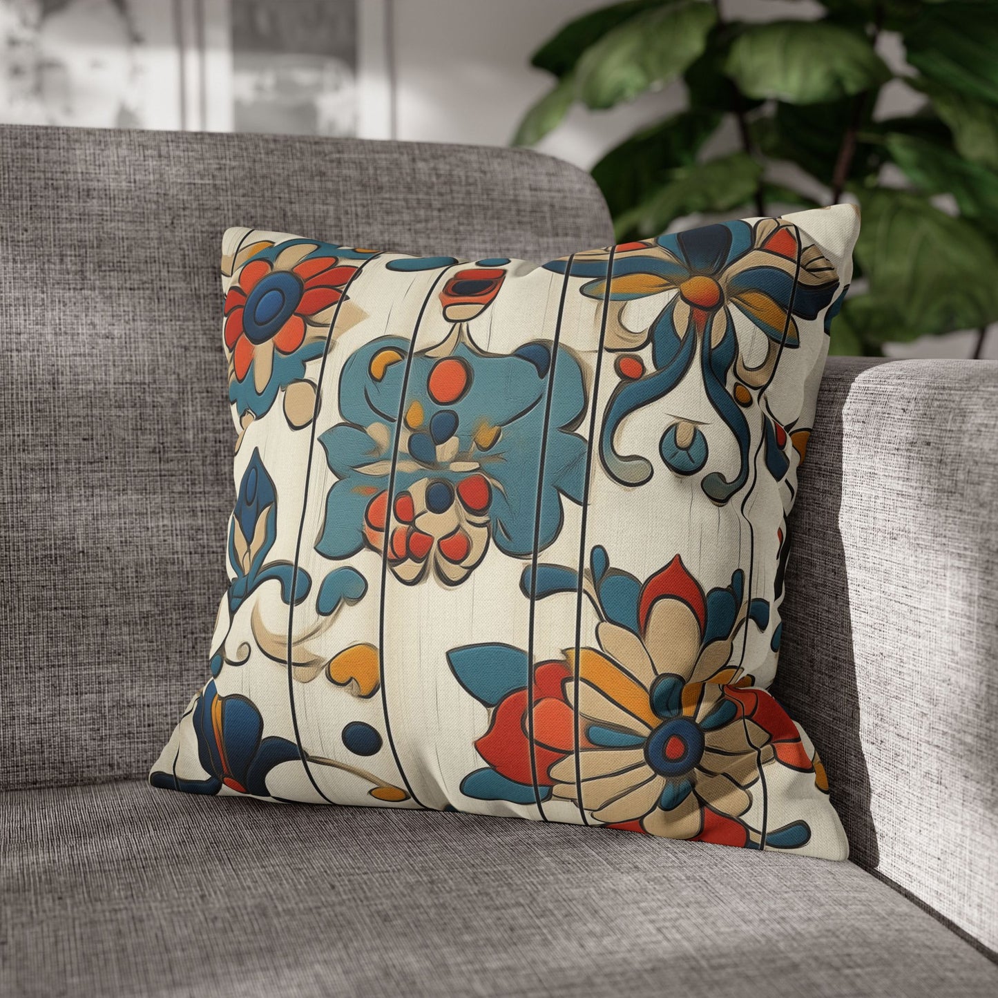 Vibrant Folk Blooms - Square Polyester Pillowcase