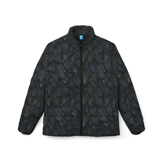 Feather-Scale Women’s Puffer Jacket — Dark Textured All-Over Print