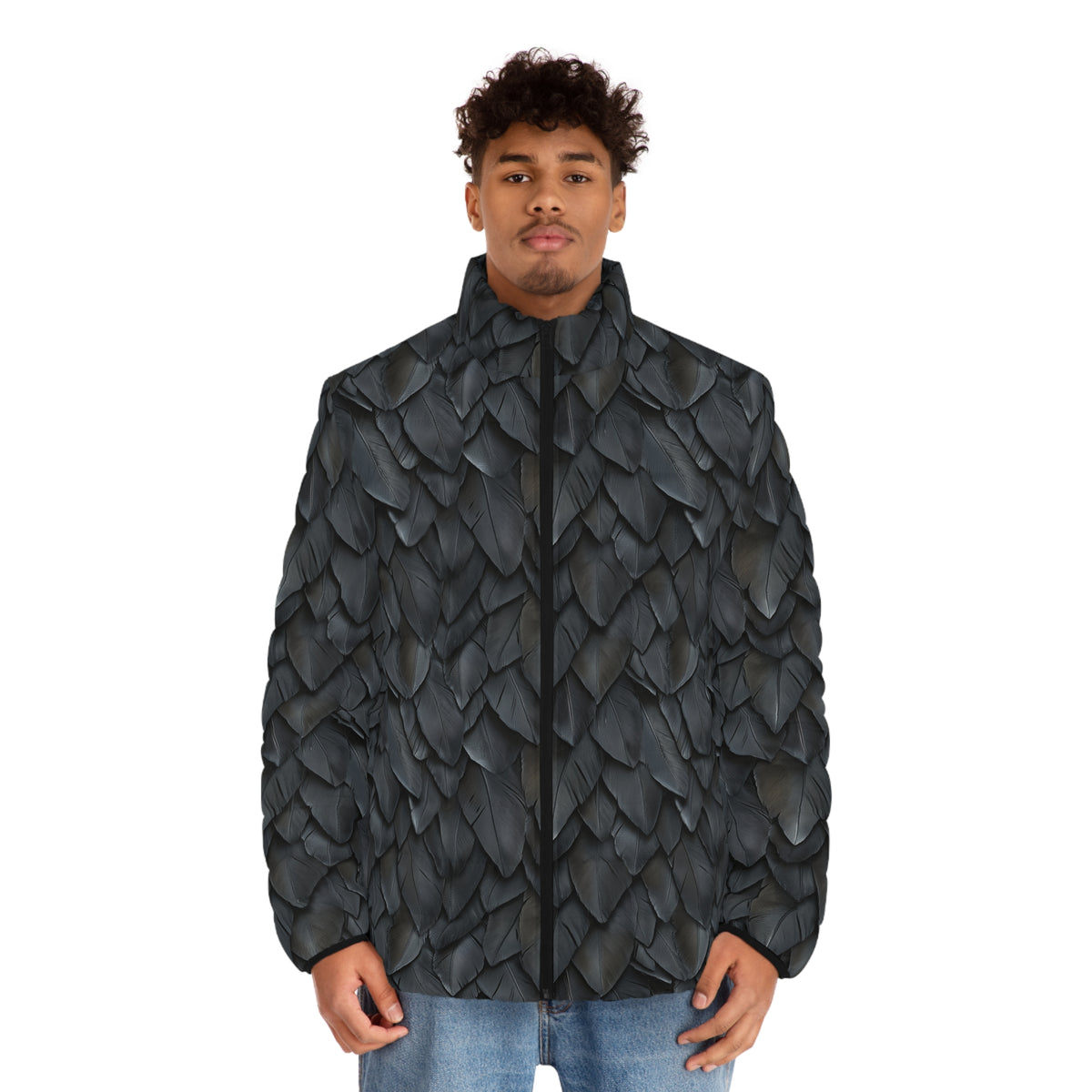 Feather Scale Puffer Jacket — Men's Black Textured All-Over Print