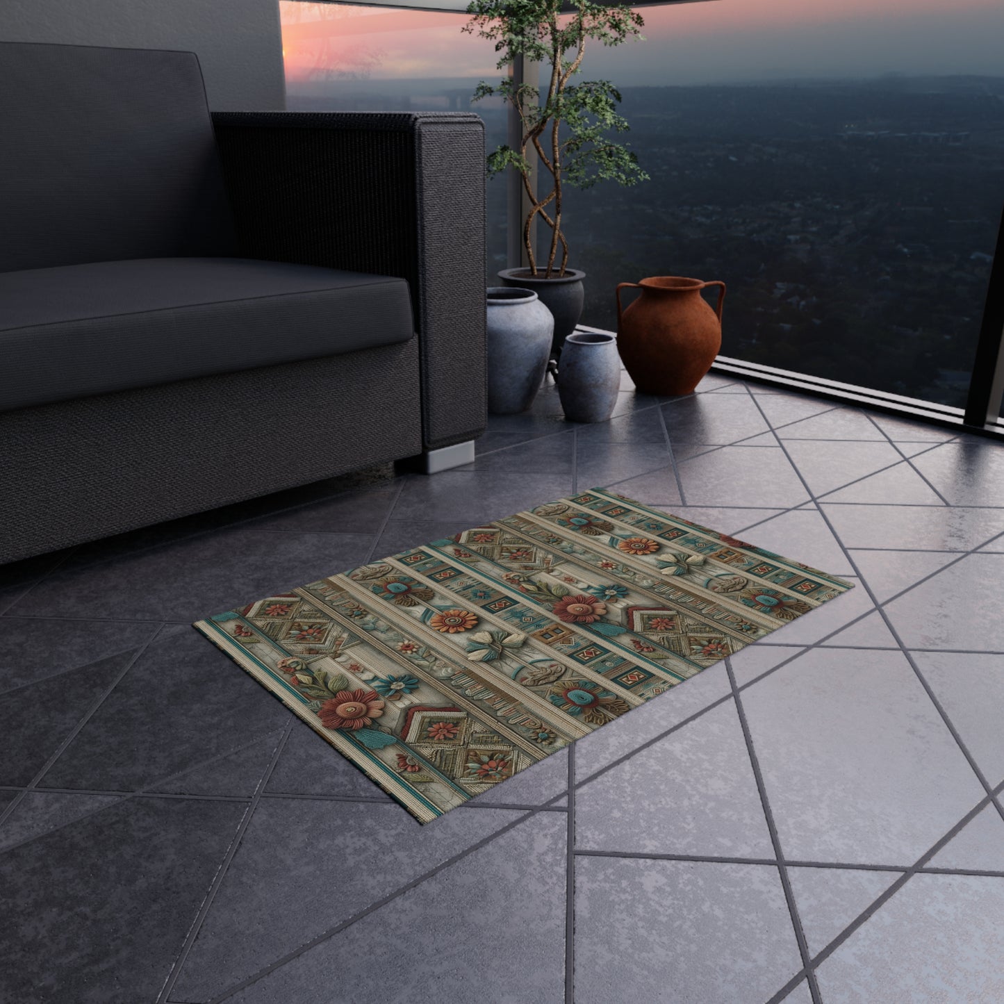 Vintage Floral Stripe Outdoor Rug