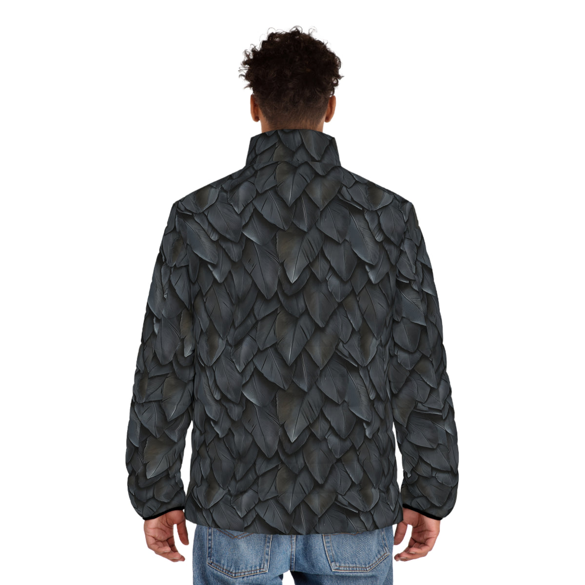 Feather Scale Puffer Jacket — Men's Black Textured All-Over Print