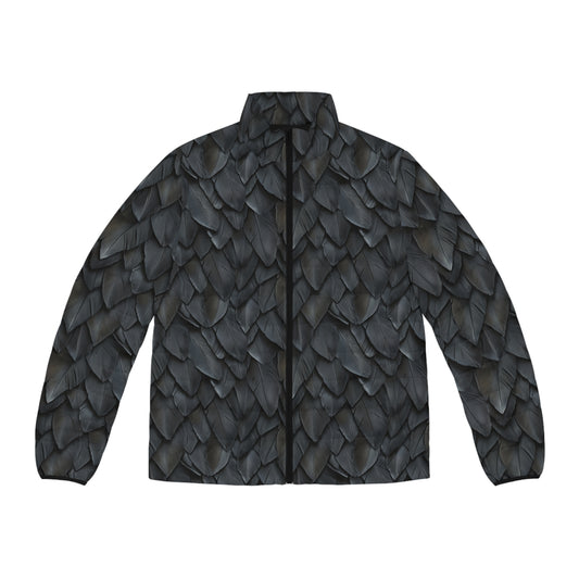 Feather Scale Puffer Jacket — Men's Black Textured All-Over Print