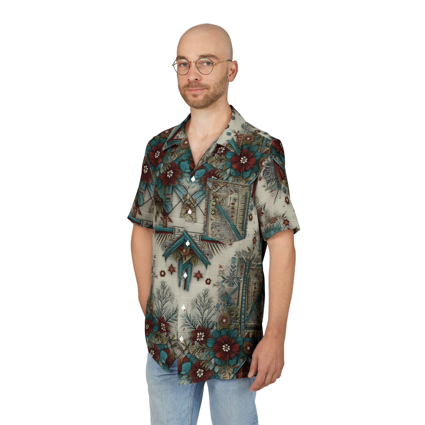 Vintage Floral Hawaiian Shirt — Teal & Maroon Aloha Button-Down