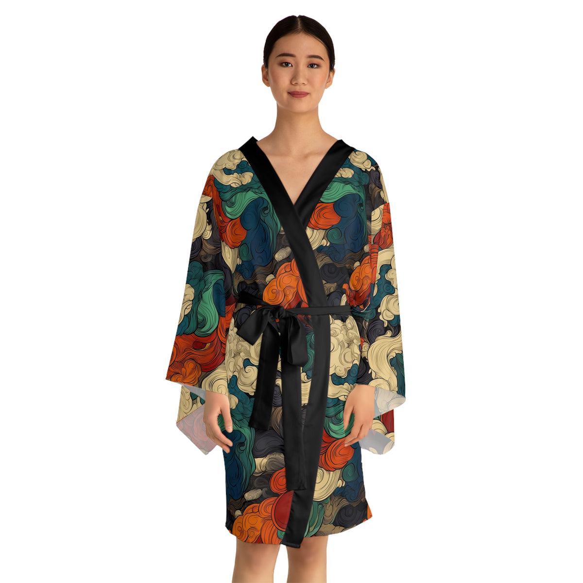 Cloudscape Kimono Robe — Vintage Wave Pattern Long Sleeve