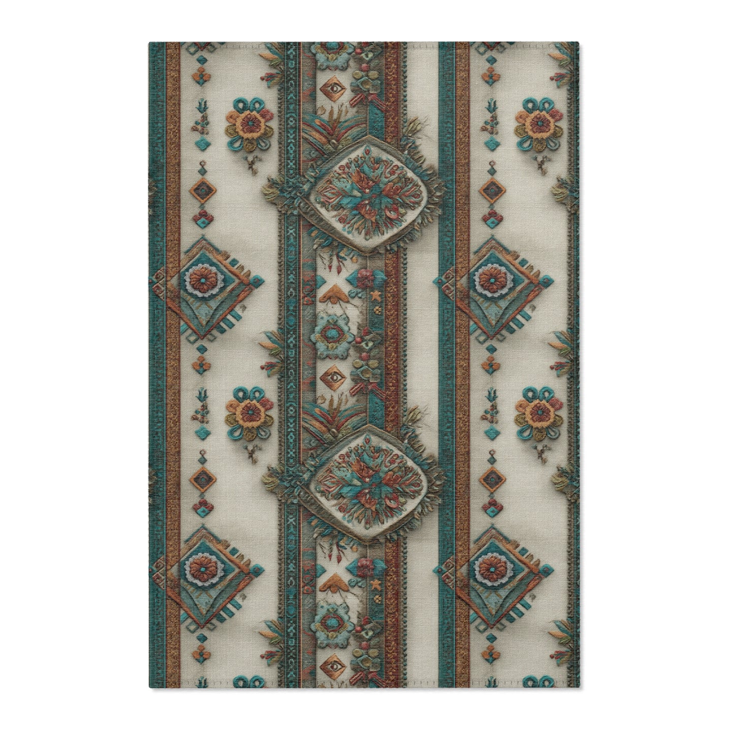 Vintage Boho Stripe Area Rug — Teal & Rust Floral Tribal Runner