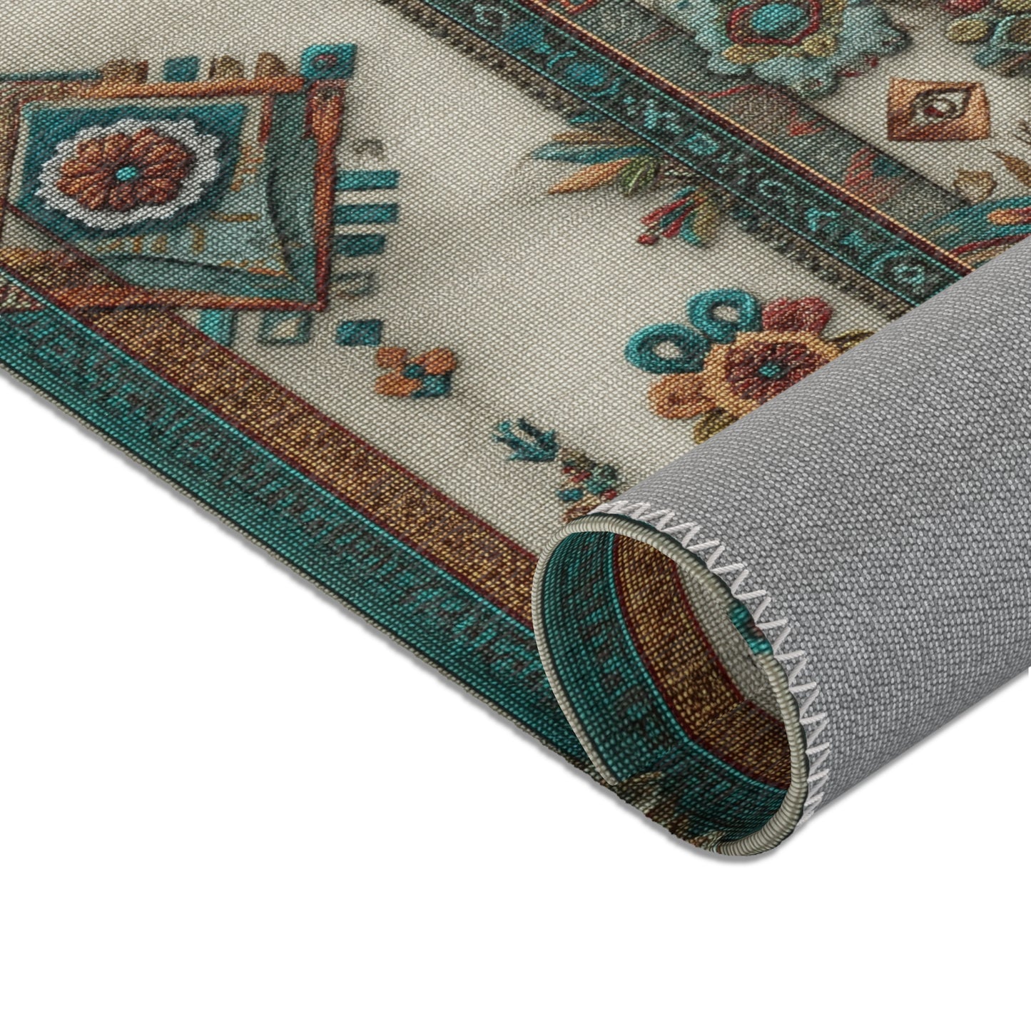 Vintage Boho Stripe Area Rug — Teal & Rust Floral Tribal Runner