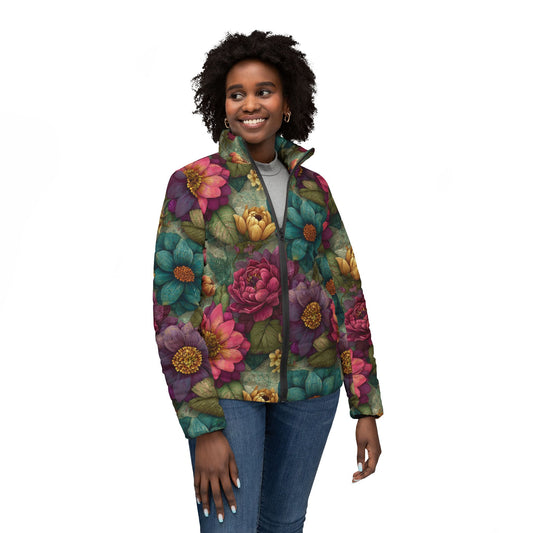 Floral Velvet Puffer Jacket — Women's Colorful Vintage Garden Print