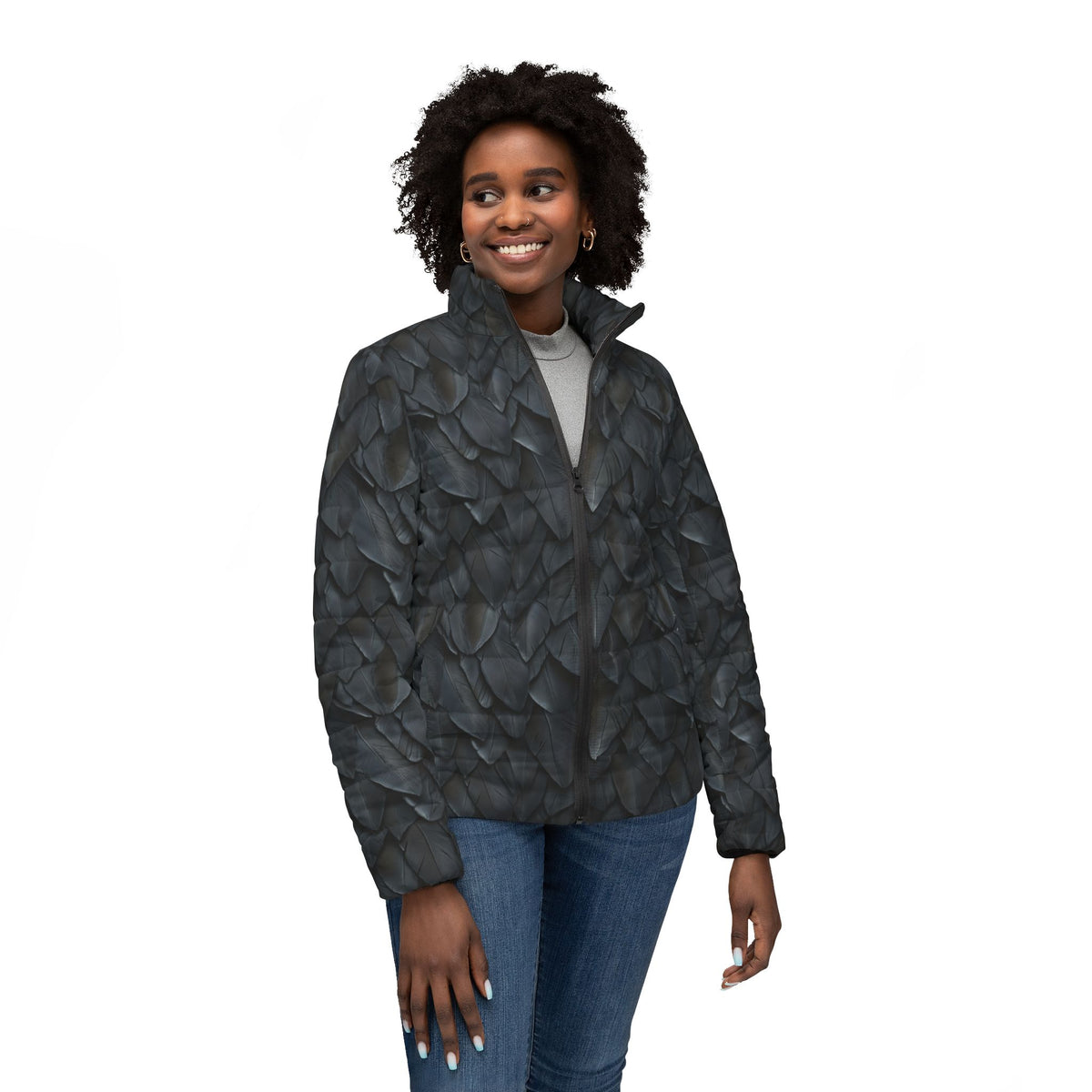 Feather-Scale Women’s Puffer Jacket — Dark Textured All-Over Print