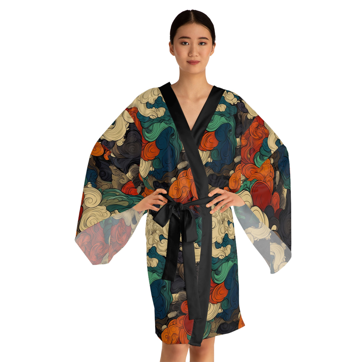 Cloudscape Kimono Robe — Vintage Wave Pattern Long Sleeve