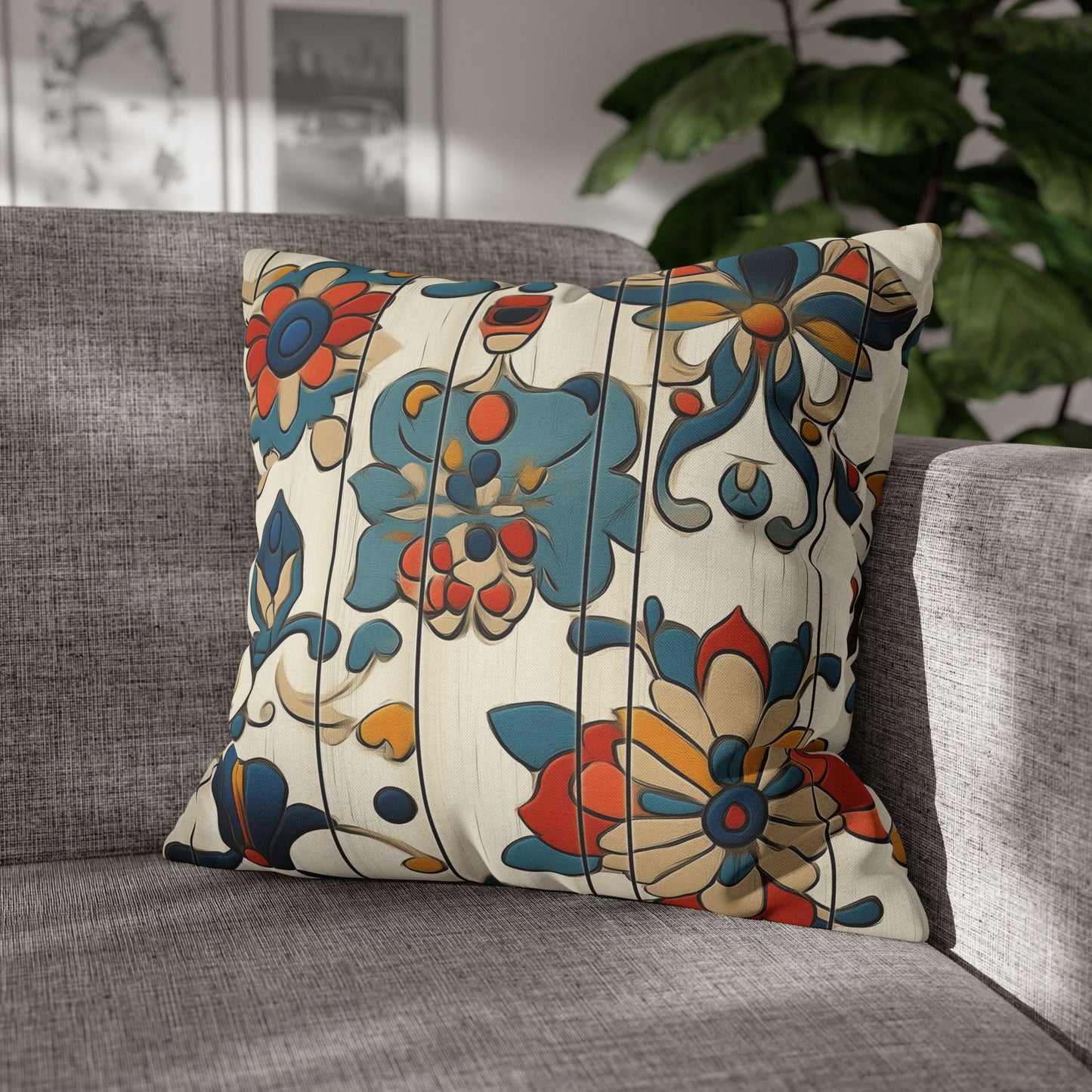 Vibrant Folk Blooms - Square Polyester Pillowcase