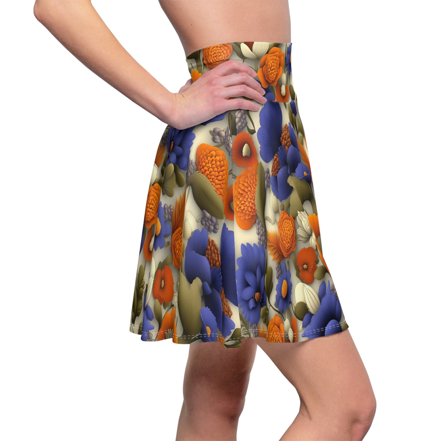 Blue and Orange Blooms - Skater Skirt