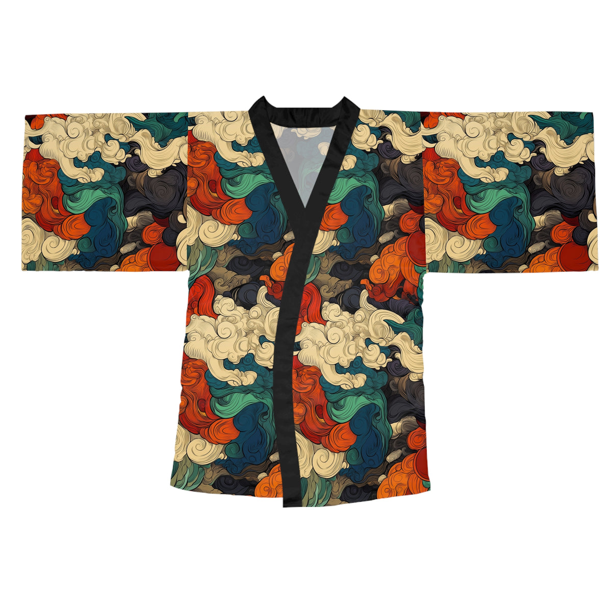 Cloudscape Kimono Robe — Vintage Wave Pattern Long Sleeve