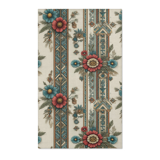 Vintage Floral Stripe Area Rug — Boho Farmhouse Runner with Teal & Coral Flowers