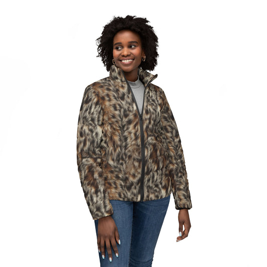 Leopard Print Women’s Puffer Jacket — Faux Fur Animal Print Winter Coat